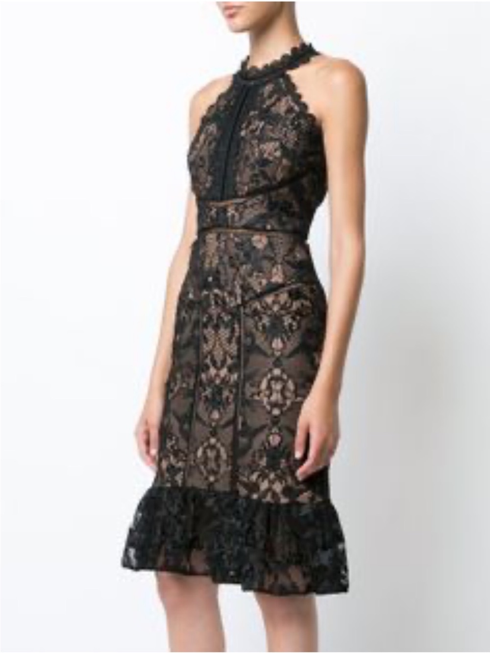 Marchesa Nolle  Lace Halter-Style Midi Dress with Nude Underlay